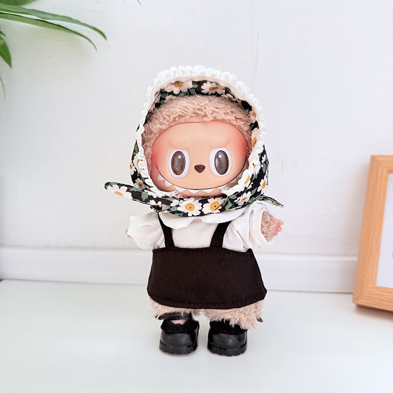 Vintage Collectible Dolls - ลาบูบู 1st - 3rd Gen ชุดวินเทจลายดอกไม้ผ้าโพกศีรษะเดซี่และชุดเอี๊ยมสีดำสำหรับตุ๊กตาขนาด