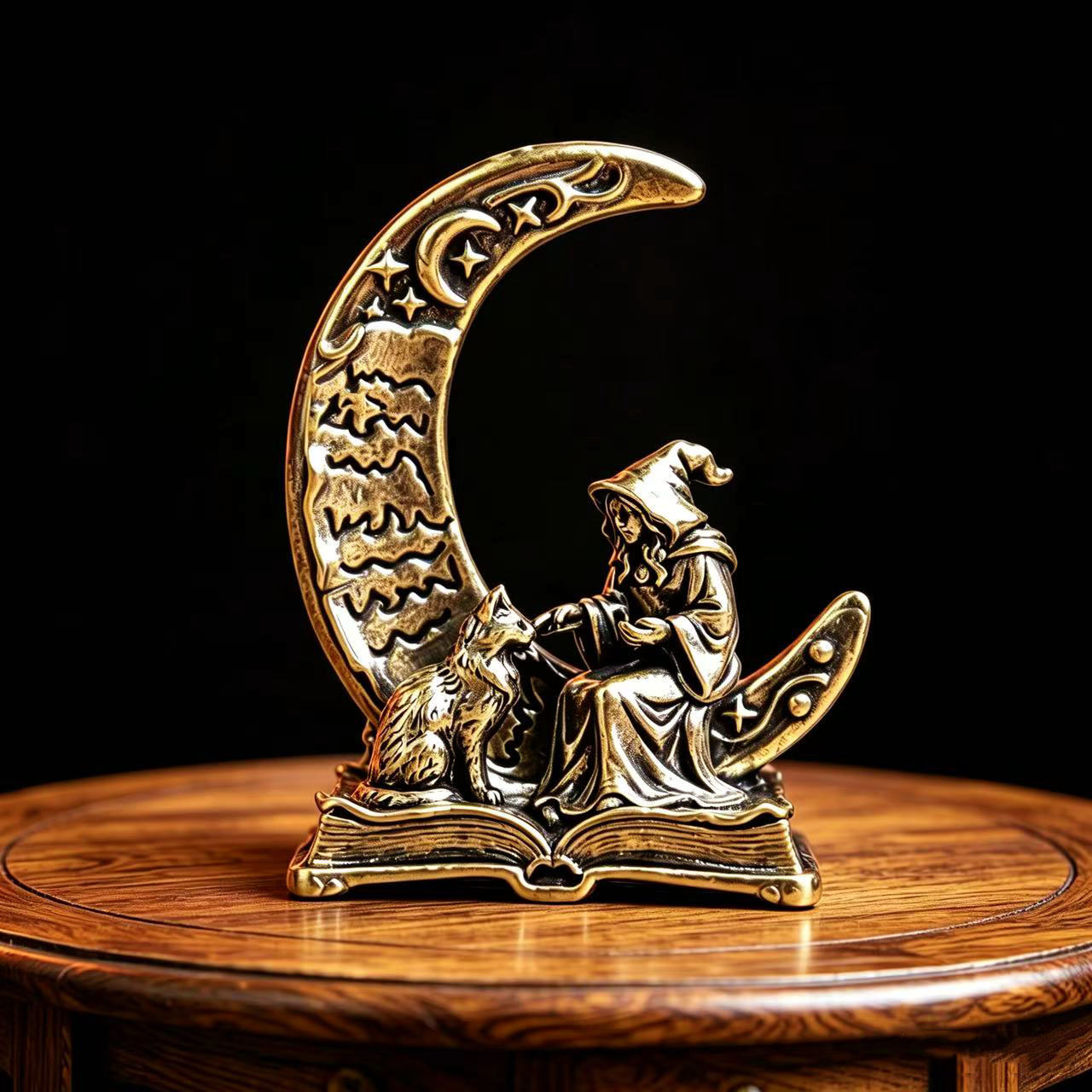 Vintage Collectible Figurines - เครื่องประดับรูปปั้นแม่มดพระจันทร์ทองเหลืองพร้อมแมว, รูปปั้นแม่มดโลหะสไตล์วินเทจ, เครื่องประดับตั้งโต๊ะฮาโลวีน, ของสะสมและของขวัญ