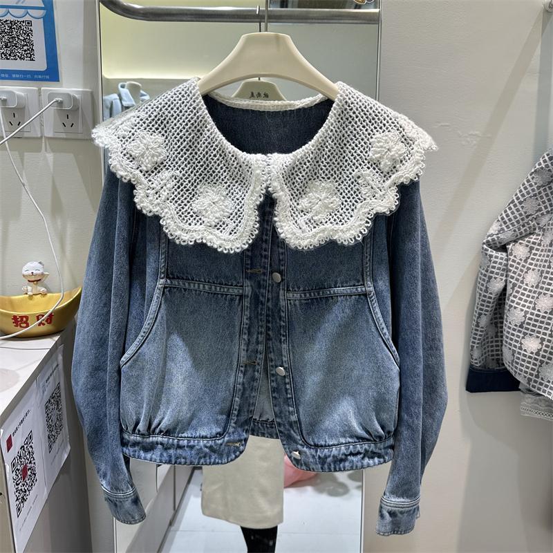 Vintage Collectible Dolls - ผู้หญิงฤดูใบไม้ผลิฤดูใบไม้ร่วงใหม่สไตล์เกาหลี DENIM แจ็คเก็ตตุ๊กตาลูกไม้ Patchwork แฟชั่นเสื้อแจ็คเก็ตสั้นด้านบน